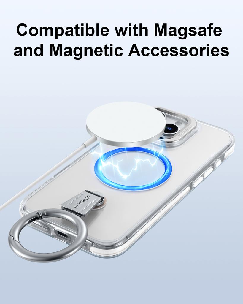 Oatsbasf Handyhülle für iPhone 16 15 Pro Max mit Magsafe 360° drehbarer magnetischer Ringständer Transparenter Stoßfänger Schutzhülle