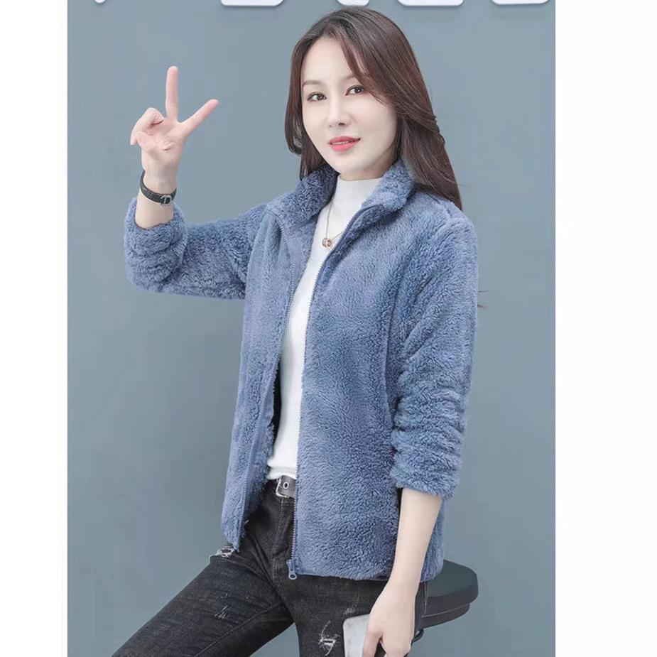 Autumn and Winter Coat Women's Fleece Short Loose Large Size Warm Sports Outdoor Stand-up Collar Coral Fleece Cardigan Sweater Women