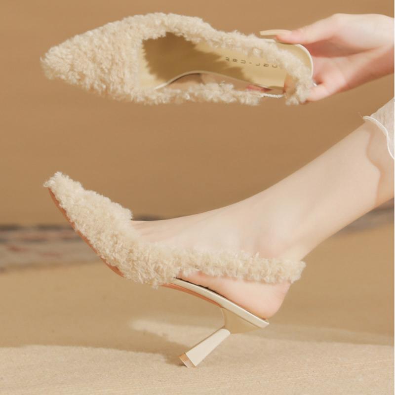 Fashion Women Pumps Shoes Pointed Head High Heel Fur Shoes Women Black Apricot Sexy Autumn Winter Hollow Back Thick Heeled Single Shoe