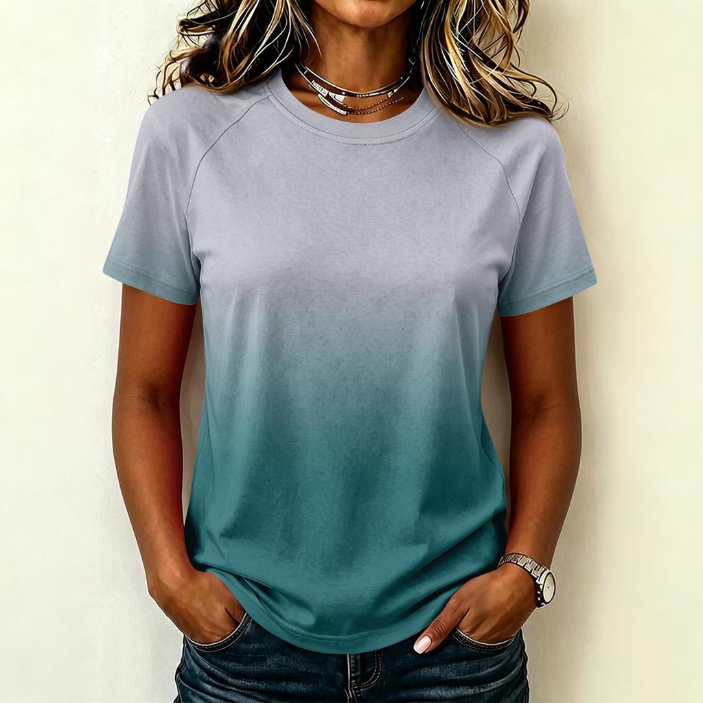 Damen Casual Raglanärmel Rundhals Kurzarm T-Shirt Farbverlauf Druck Leichtes Sommer Oberteil