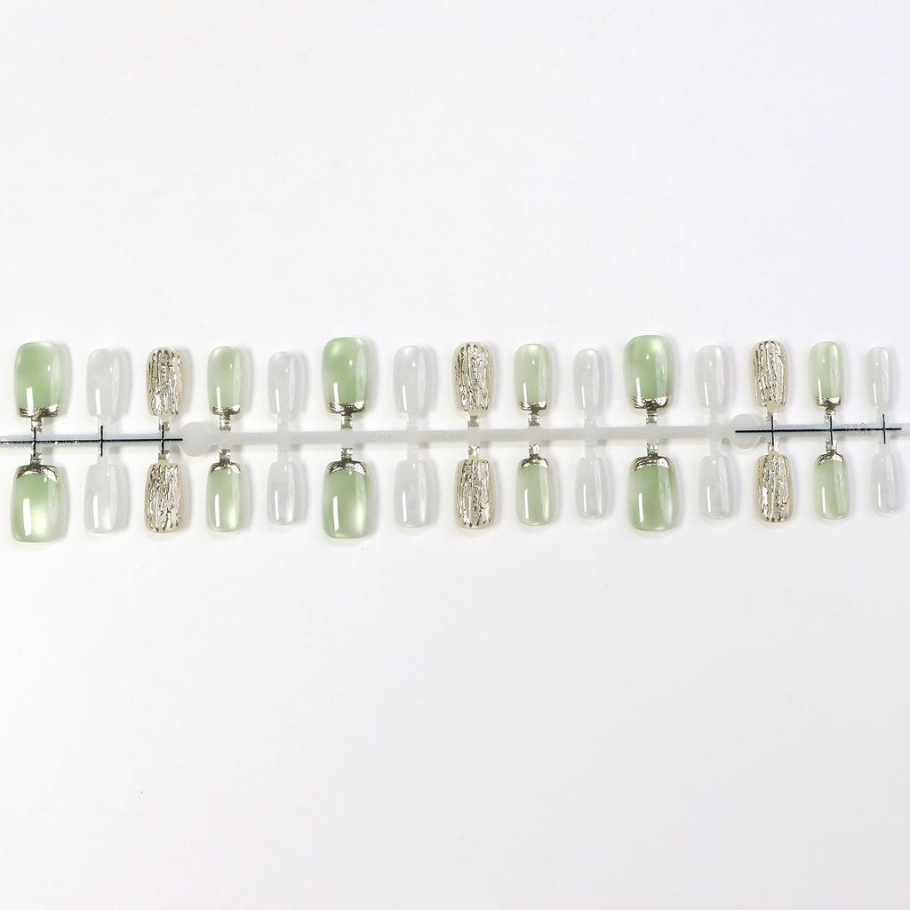 French Translucent Cat Eye Press-On Nails: Gilded Short Style in Fresh Ice Green