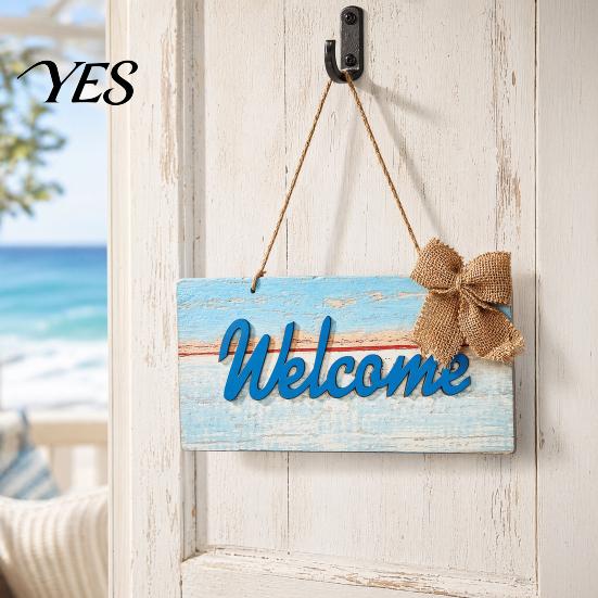 Ocean Themed Decor Welcome Decorative Sign, Wooden Mediterranean Retro Style Long-lasting Door Decoration Wall Mounted Sign for Indoor Outdoor