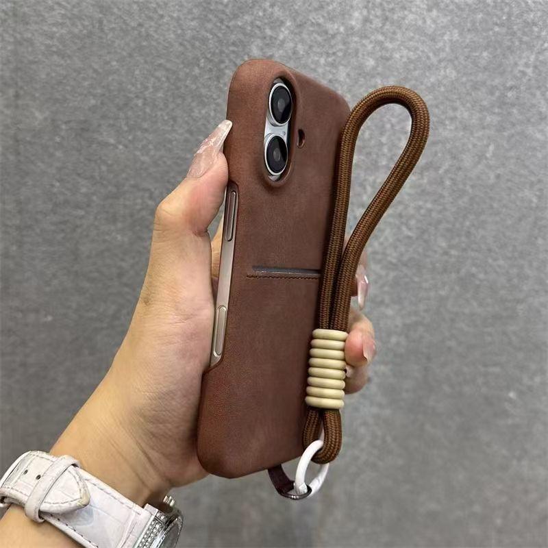 Skin Like Sheepskin Card Insertion Phone Case for IPhone 16 Promax Card Bag S23 Ultra Shell Hanging Rope Sleeve