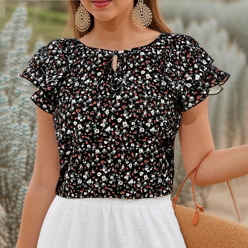 ZANZEA Women Summer Round Neck Ruffled Short Sleeve Floral Print Blouses