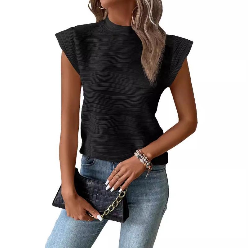 Summer Women's Half High Neck Textured Wave Stripe Button Short Sleeve Top