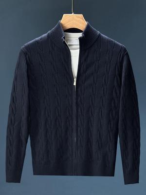 Herren Slim Fit Strick-Cardigan mit Stehkragen und Zopfmuster - Unifarbener Reißverschluss-Pullover für Herbst/Winter