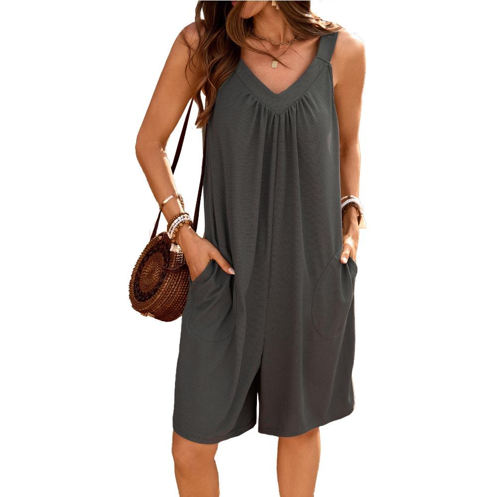 Sommer Neu Einfarbig V-Ausschnitt Locker Tasche Ärmelloser Jumpsuit 2XL dunkelgrau