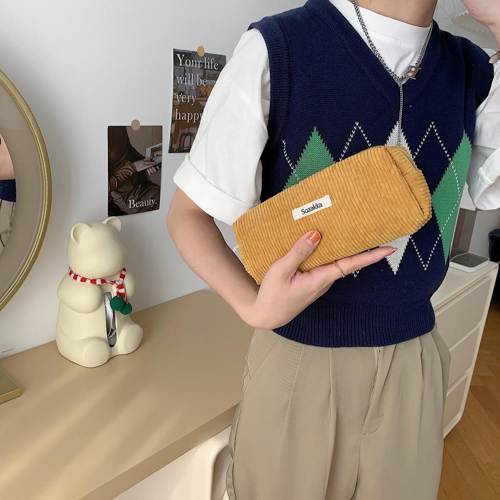 In Stock: Retro Corduroy Pencil Case - Solid Color, Simple Design for High School Students