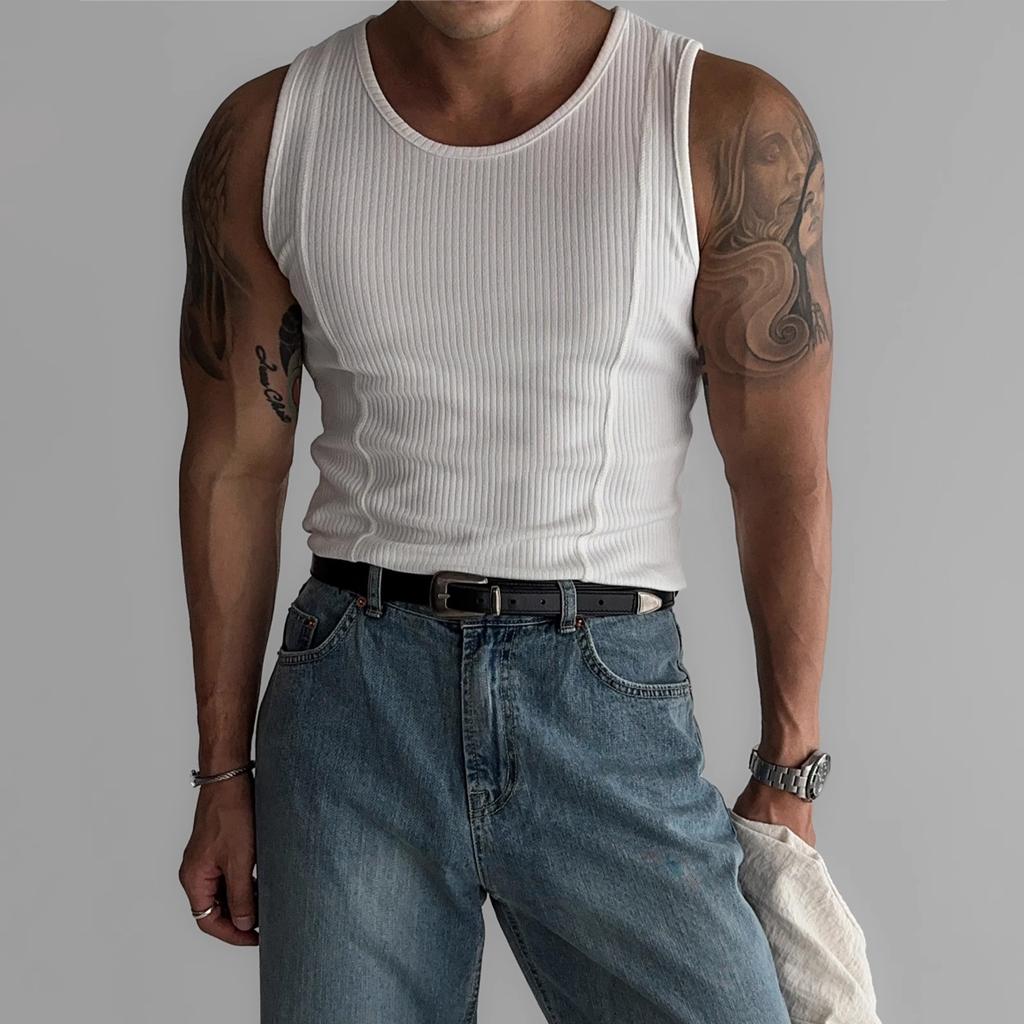 Herren Rippstrick Tanktop Slim Fit Ärmellos Muskelshirt Lässig Einfarbig Rundhalsausschnitt Weste