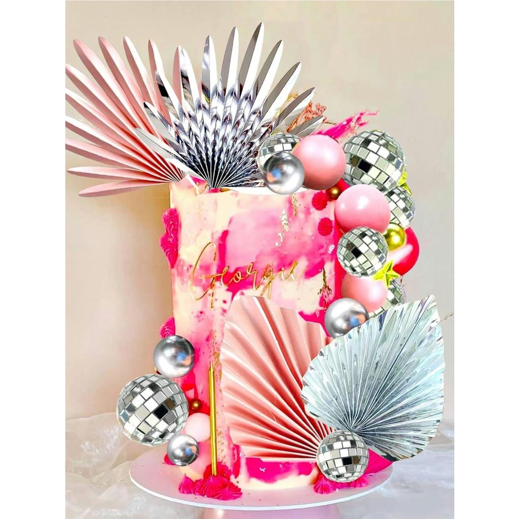 Pink Sliver Disco Balls Cake Decoration Palm Leaves Cake Decoration Stars Cake Decoration 70s Disco Bachelorette Party Supplies