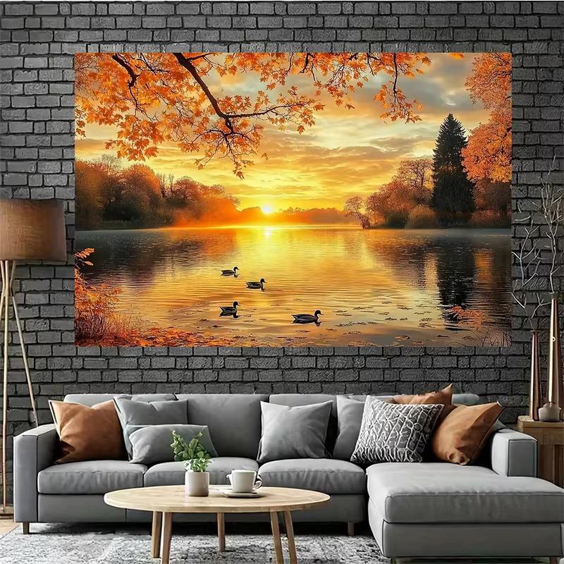2D Serene Autumn Lake Sunset Photography Background