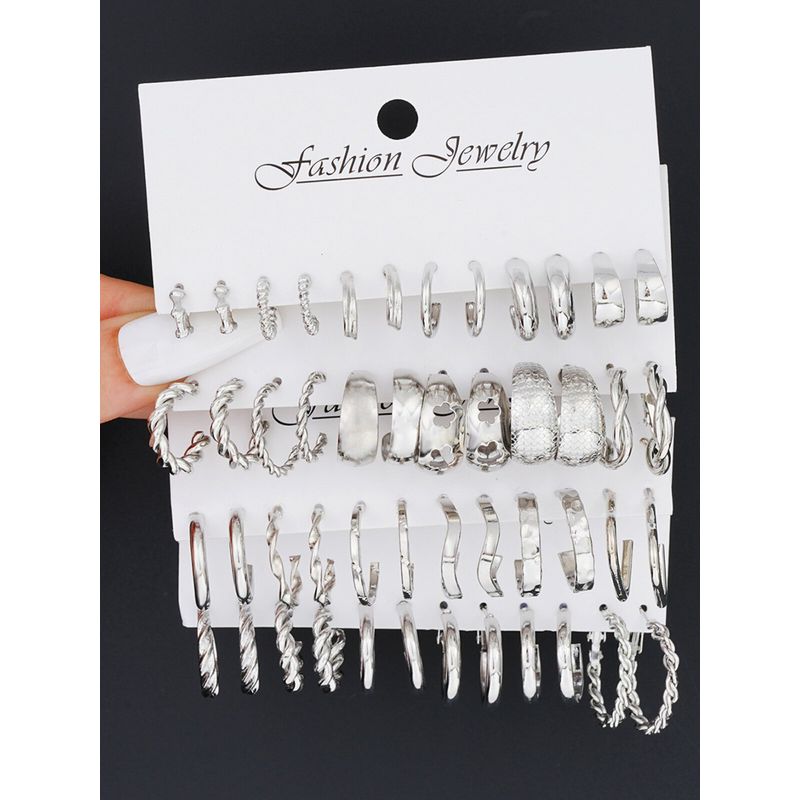 Hong Kong Style Trendy Silver Pigment Ring Earrings Niche High-Grade Ear Studs Women Light Luxury 24 Pairs Set Earrings Western Style