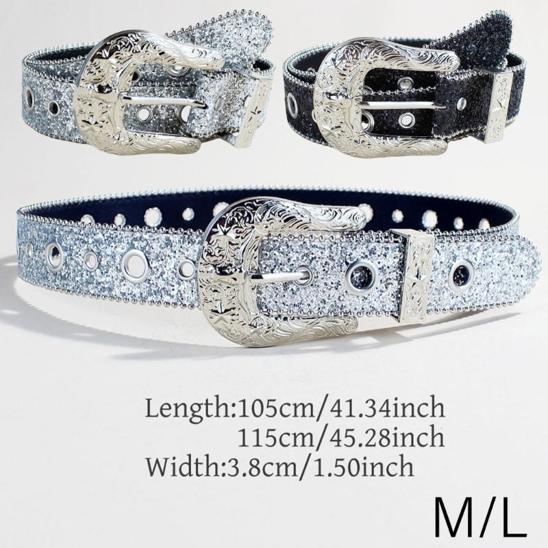 Shimmering Sequined Belt Girl Engraved Buckle Belt 2000s Waistband Punk Waistbelt Bead Trim Belt Aesthetic Waist Accessory