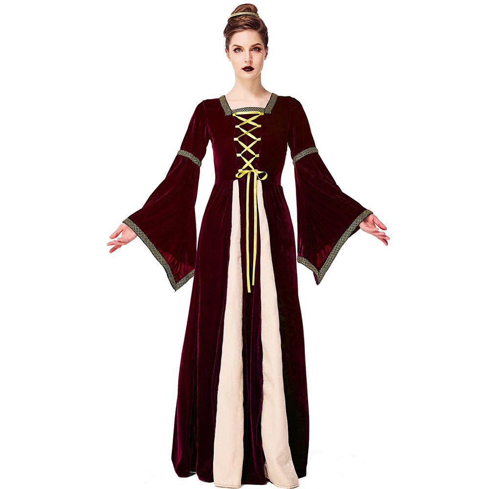Adult Women Renaissance Retro Medieval Drama Stage Flare Sleeves Dress Gown Halloween Cosplay Costumes Role Play Outfit