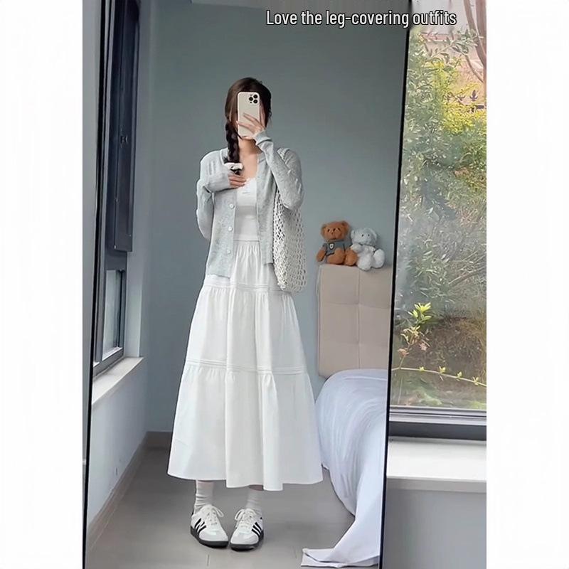Women's White High-Waist A-Line Midi Skirt - Slimming, Petite Fit, Autumn 2025
