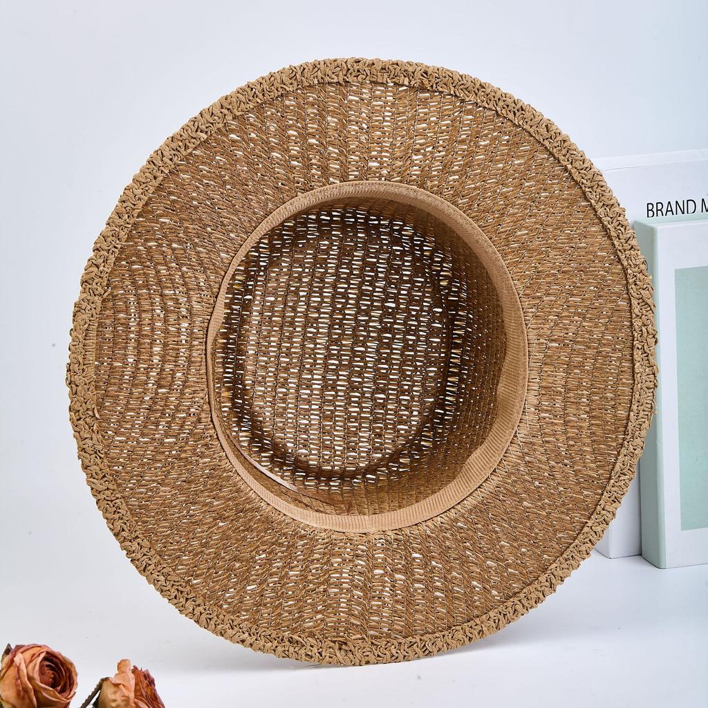 British Retro Travel Flat-top Straw Hat Cut Out Sun Protection Woven Seaside Vacation Beach Hat Top Hat