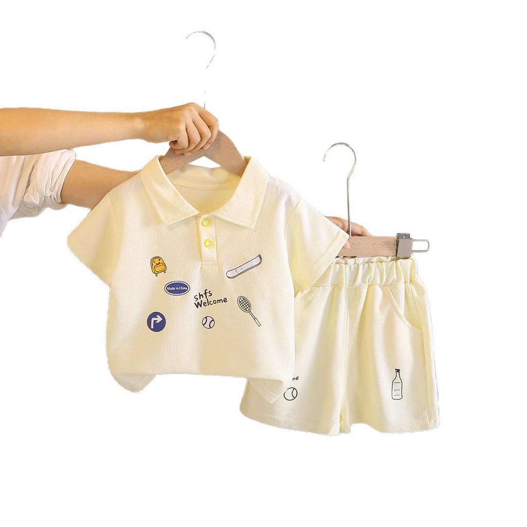 Boys' Stylish Summer Polo Shirt Two-Piece Set with Lapel Short Sleeves