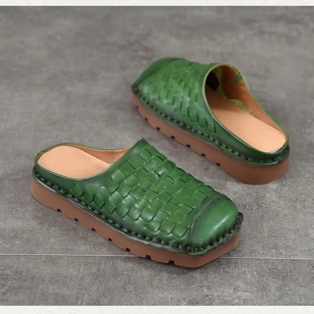 Johnature Genuine Leather Retro Weaving Square Toe Women's Slippers Versatile Outerdoor Flat Slip-on Shoes