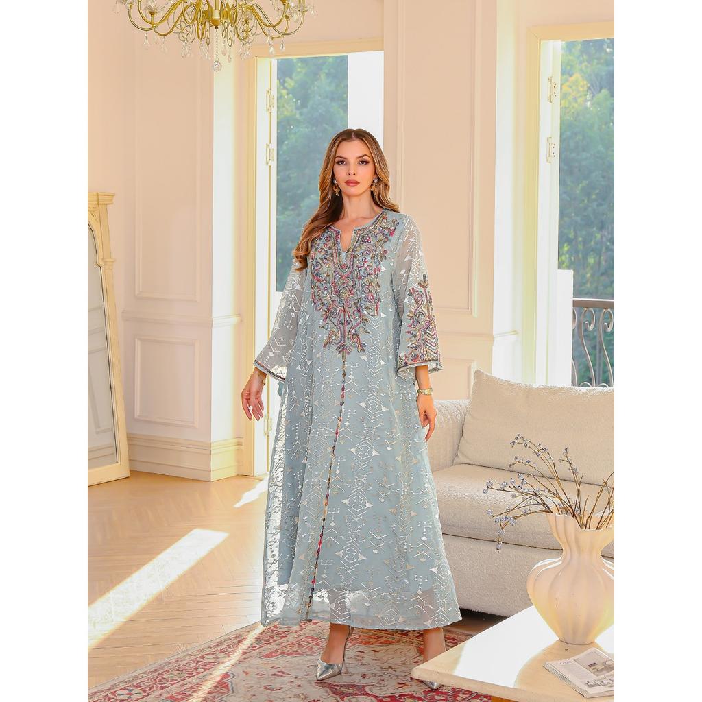 Women's Breathable Embroidered Long Dress, Cord Embroidery Casual Maxi Dress Factory Wholesale In Stock