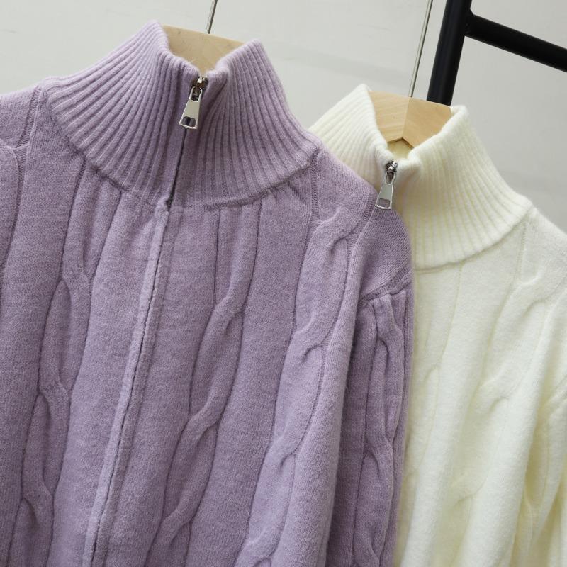 Autumn Winter Stand Collar Fried Dough Twist Zipper Knitting Coat Women Casual Fashion Cardigan Sweater Top
