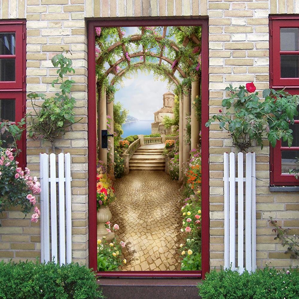 Nature Scenery Door Decal 3D Removable Vinyl Sticker, Adhesive Forest Pathway Wallpaper for Bedroom Entryway