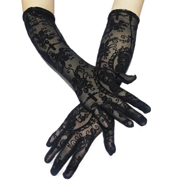 Dark Skull Cross Gothic Lace Mesh Gloves for Halloween Cosplay