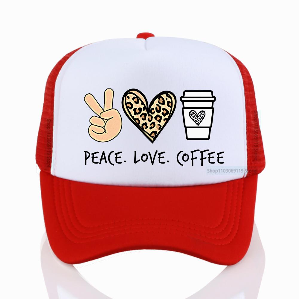 

Womens Casual sunhat Peace Love Coffee Graphic Print with Leopard Heart Iced Coffee Design baseball cap Mesh breathable caps Adjustable