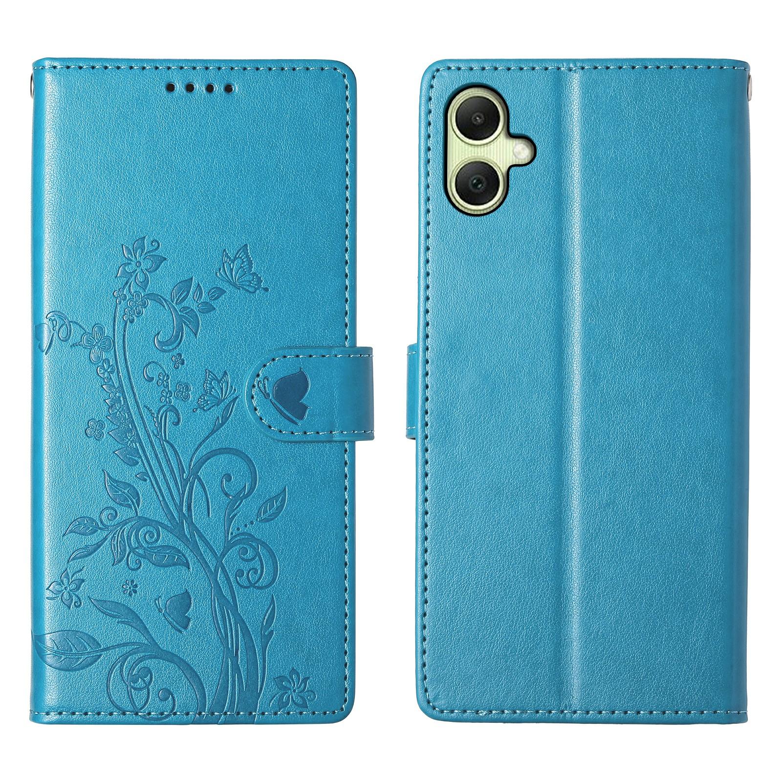 

For Samsung Galaxy A06 5G/4G Wallet Case Butterfly Floral Imprint PU Leather Phone Cover with Wrist Strap E