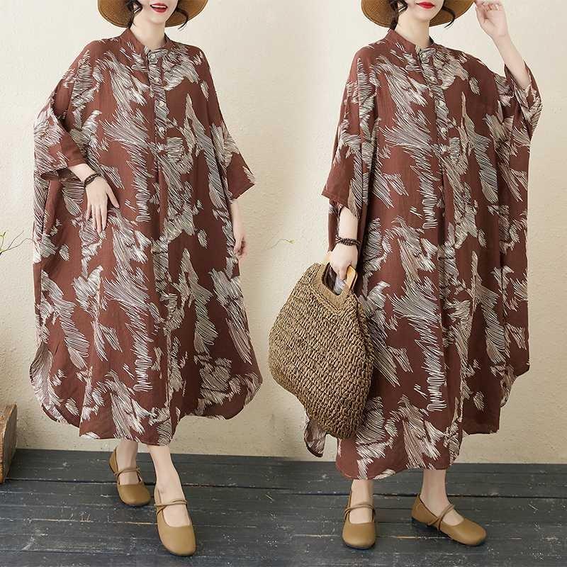 Temperament Literary Vintage Printed Stand Collar Loose Oversized Vacation Dresses