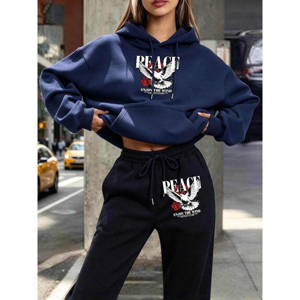 Peace Dove Rose Enjoy The Wind Print Y2K Women'S Hoodie Set Casual Pocket Jogging Pants Loose