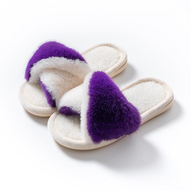 Children's and Women's Winter Fur Cross-Strap Cotton Slippers, Warm, Non-Slip for Home Use