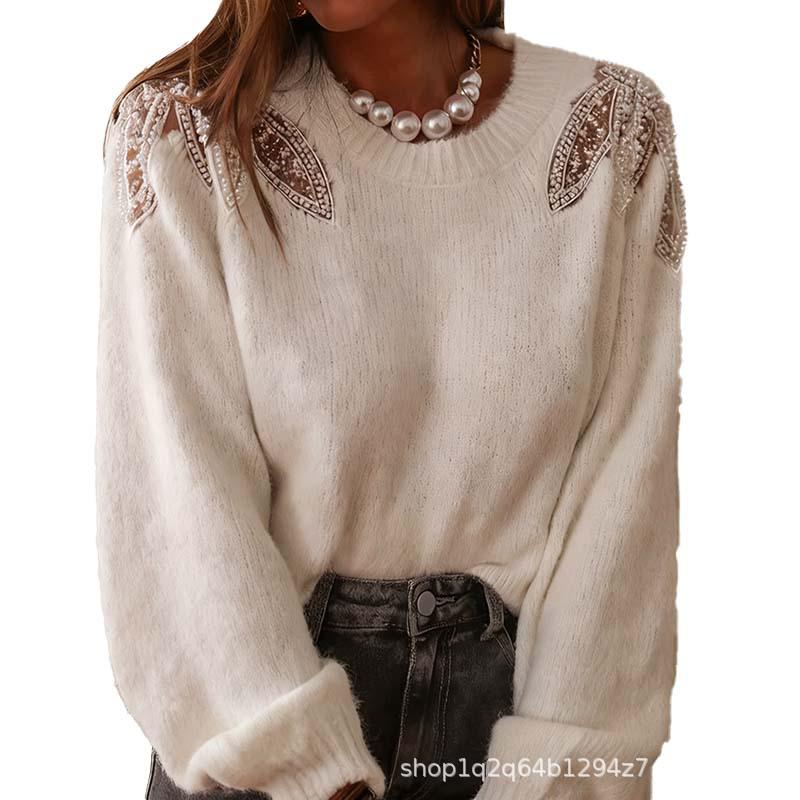 New Spring Pearl-Embellished Women's Round Neck Knit Sweater - Lightweight Wool Top