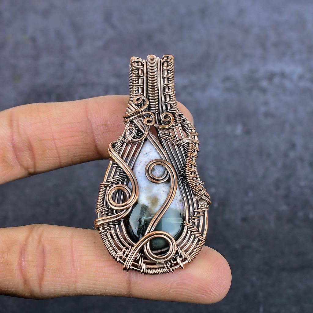 Natural Moss Agate Gemstone Handmade Copper Eire Wrap Jewelry Pendant 2.64" H2i65