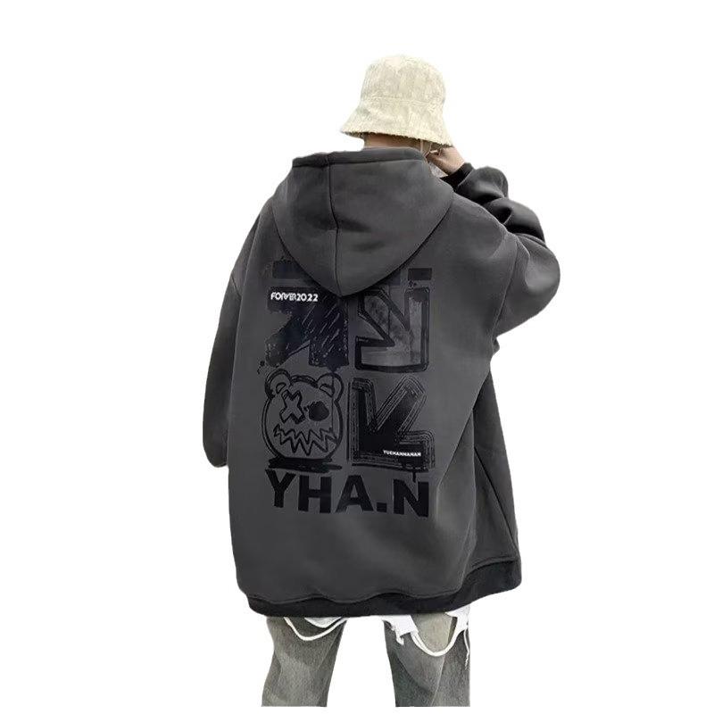 Men's Plus Velvet Hooded Sweatshirt - Large Size, Autumn/Winter, Hip-Hop Style, Trendy Loose Fit, American-Inspired.