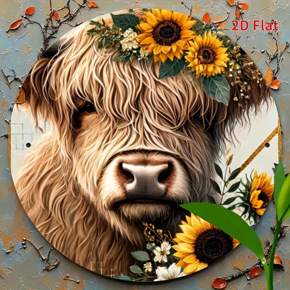 

Highland Cow Metal Wall Art Round Rustic Decor Sunflower Floral Wreath Man Cave Bar Garden 20x20