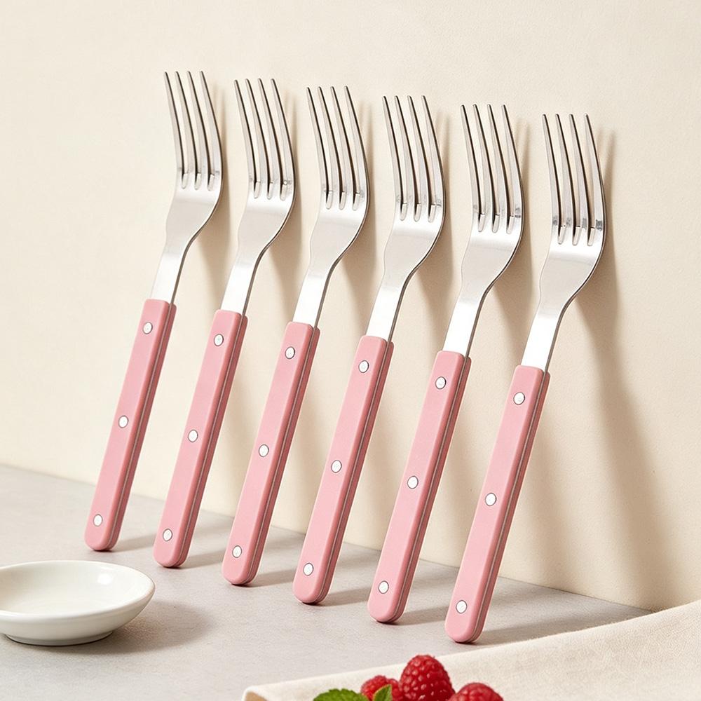 6Pcs Acrylic Clip Stainless Steel Handle Fork Set Mirror Dinner Fork Tableware Western Dessert Cake Fruit Fork Kitchen Cutlery