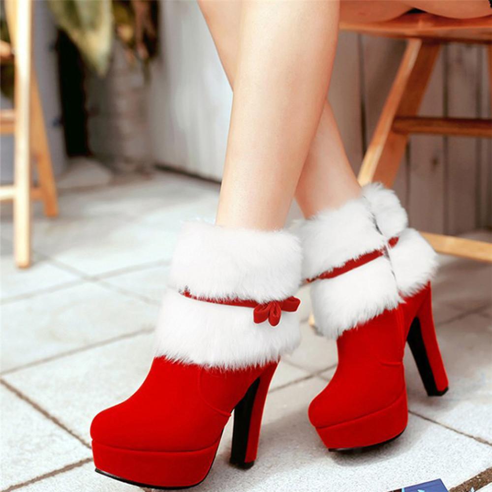 Women Winter Warm Shoes Christmas Lady Santa Claus Cosplay Shoes Red Ankle Boots High Heels Short Boots