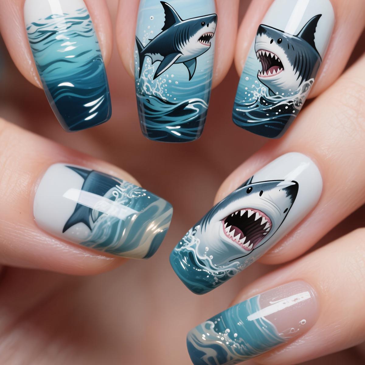 Blue Great White Shark Cartoon Wearable Nail Stickers – Hand-Painted Graffiti Style синий