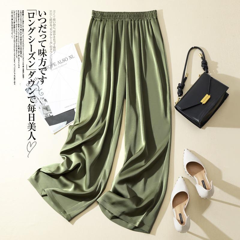 YYFS Pantaloni Larghi Estivi da Donna in Seta di Ghiaccio Vita Elastica Pantaloni Dritti di Raso Monocolore Casual Larghi Pantaloni da Donna in Acetato