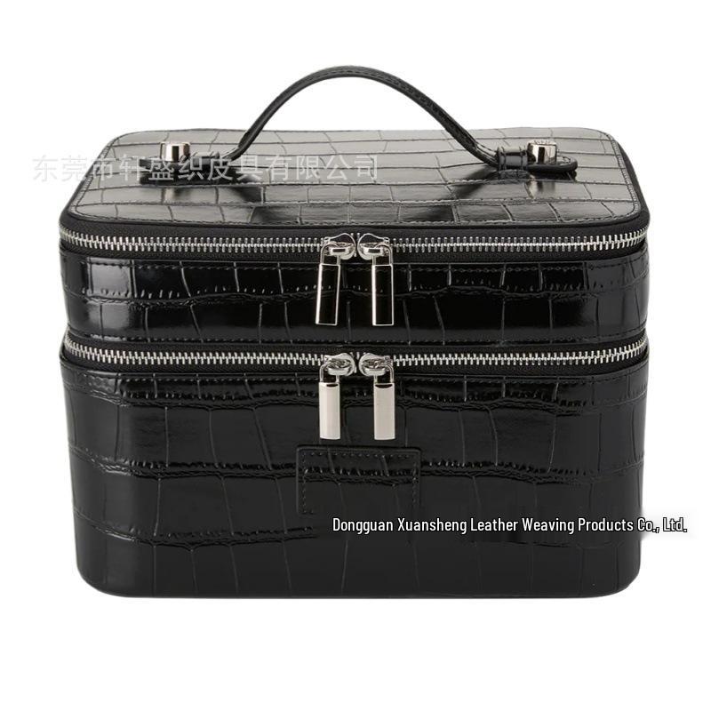 Crocodile Pattern Double Layer PU Leather Makeup Bag - Large Capacity Cosmetic Organizer