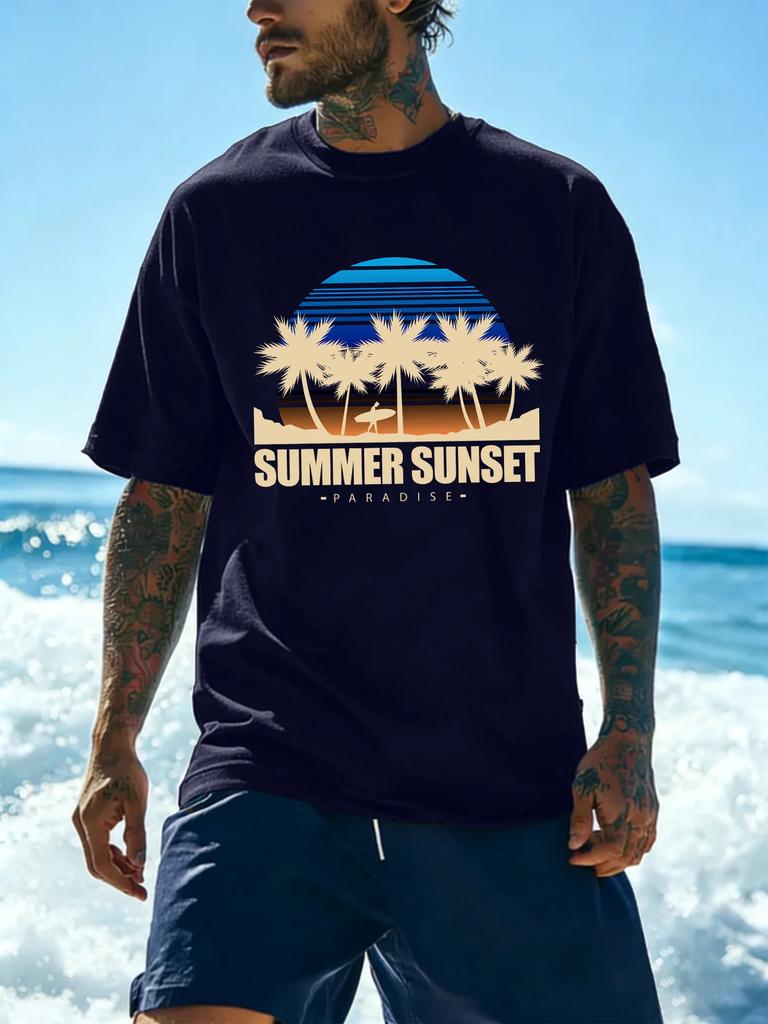 Retro Sunset Palm Surfboard Print Unisexs 100 Cotton Tshirt Summer Short Sleeve Crew Neck Loose Beach Vacation Surf Top