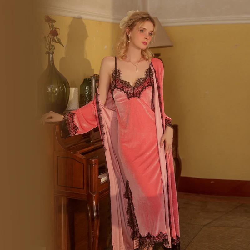 Sexy Pajamas for Women In Fall Lace Sweet Solid Color Nightgown Long Soft and Comfortable Velvet Nightgown Set for Women