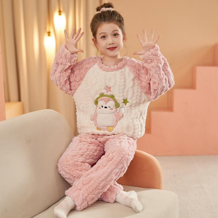 Kids Flannel Pajamas Set Boys Girls Warm Long Sleeve Top And Pants Sleepwear Winter Home Nightwear