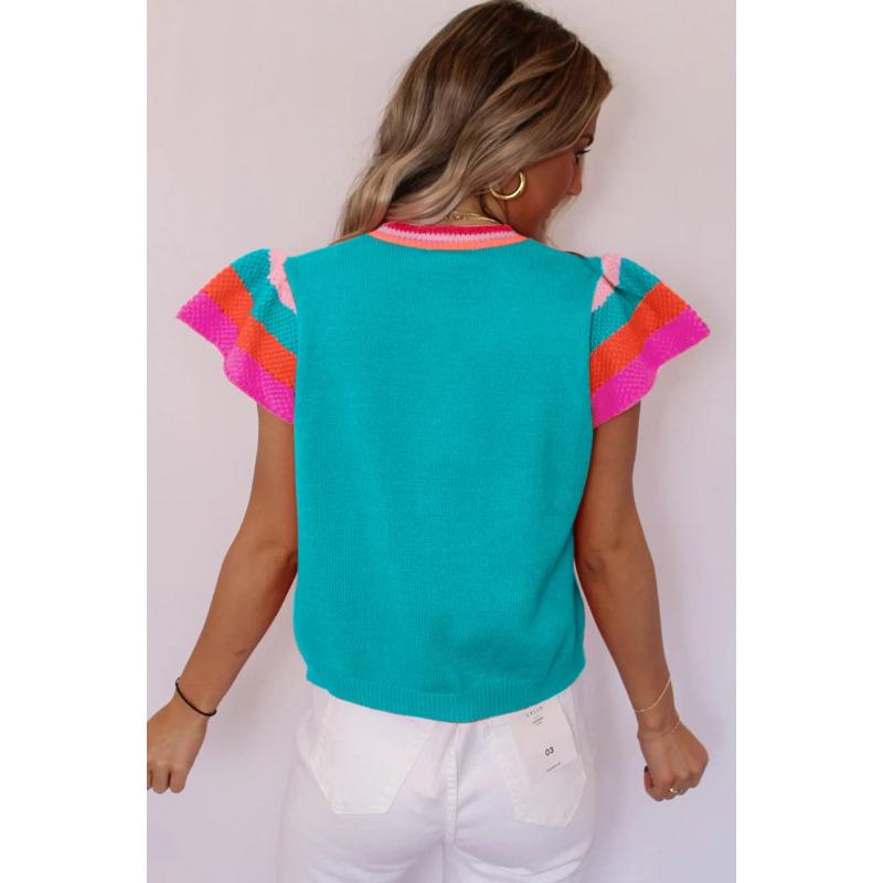 Women's Clothing Summer Round Neck Knitted Tops Clashing Sweet Short-sleeved Women's Jumper