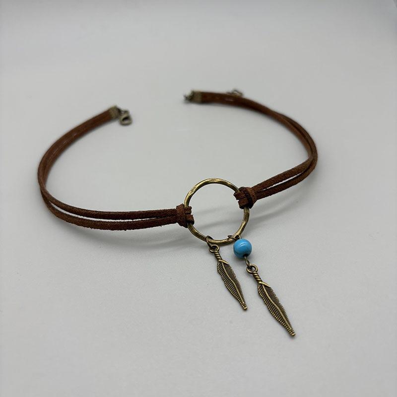 Vintage Bronze Leaf Pendant Leather Geometric Round Clavicle Choker Necklace
