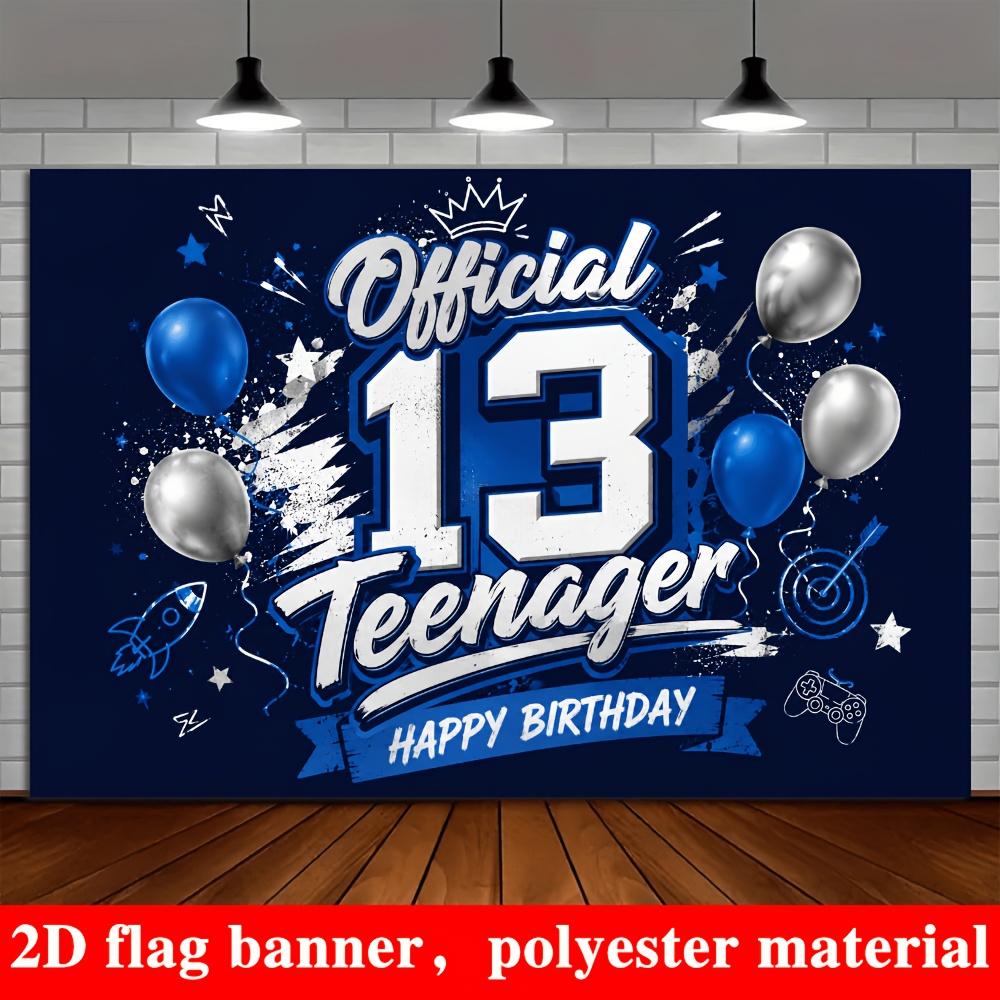 13th Teenager Birthday Banner Backdrop Blue Silver Balloons Rocket Game Controller