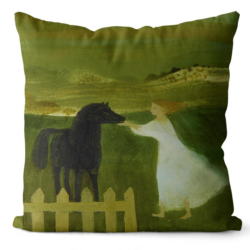 Art Oil Painting Pillow Cover Pastoral Forest Green Flower Home Light Luxury Pillow Sofa Car Bedside Cushion Cover