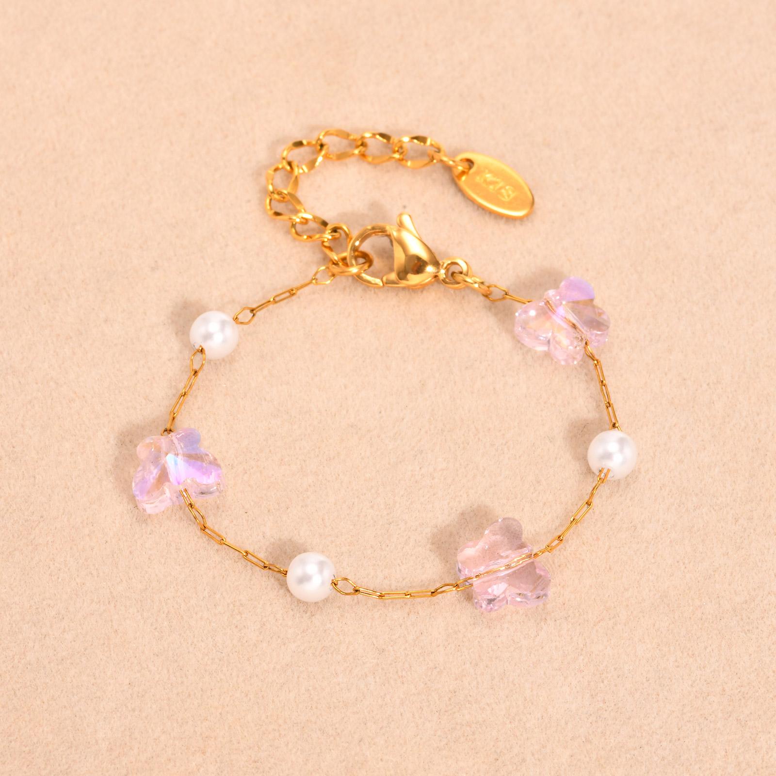 

Stainless Steel Bracelet Pink Butterfly Heart Shape Imitation Pearls Bracelets for Little Girls Hand Chain Boho Jewelry Gift 12-15cm