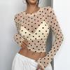 Womens Polka Dots Long Sleeve Mesh Tops Sexy See Through Sheer Blouses Shirts Going Out Crop Top Y2K Date Night Club Party Tops