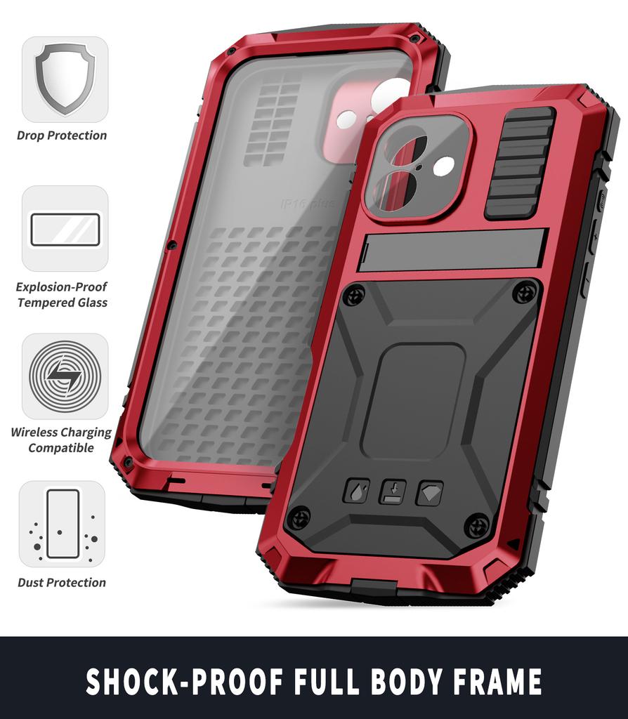 For iPhone 16e 16 Pro Max iPhone 16 Plus 16 Pro Case Full-Body Rugged Armor Shockproof Protective Kickstand Aluminum Metal Cover